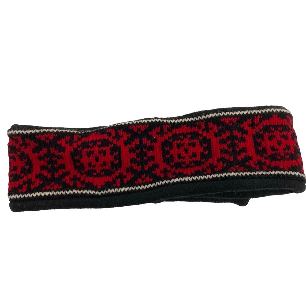 VTG Turtle Fur Wool Ski Knit Headband Red Black Nordic Motif Fleece Lined Winter